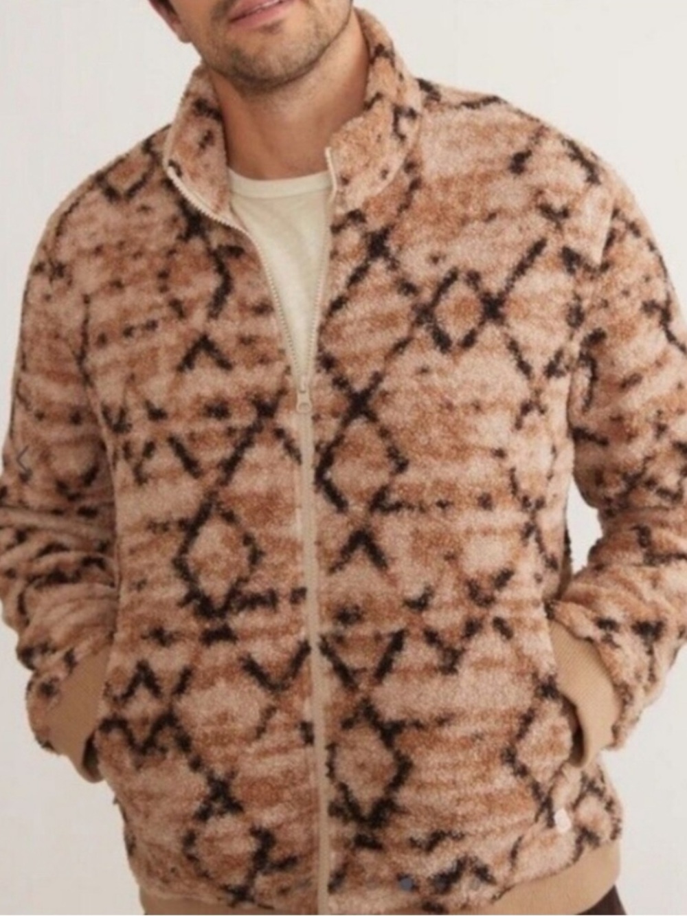 Marine Layer Mason Sherpa Patterned Full Zip Jacket in Tan Geo